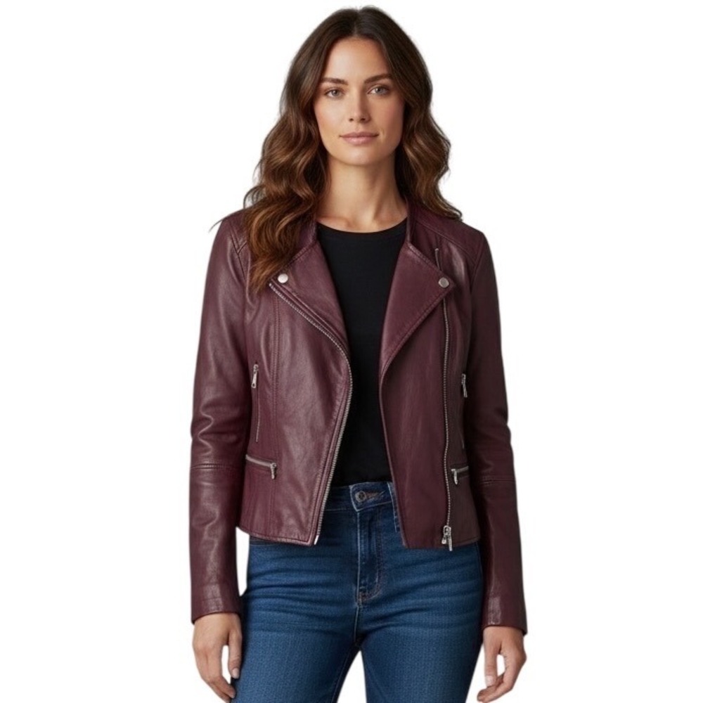 Comptoir des Cotonniers Berry Sheep Leather Quilted Moto Jacket Womens Burgundy